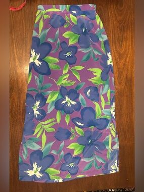 Vintage Notations Purple Floral Midi Skirt with Blue and Green Accents
